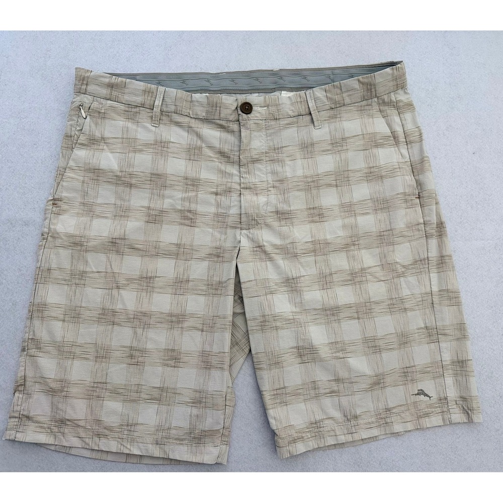 Tommy Bahama Boracay Plaid Shorts Mens Beige Tan Flat Front Casual Island Wear